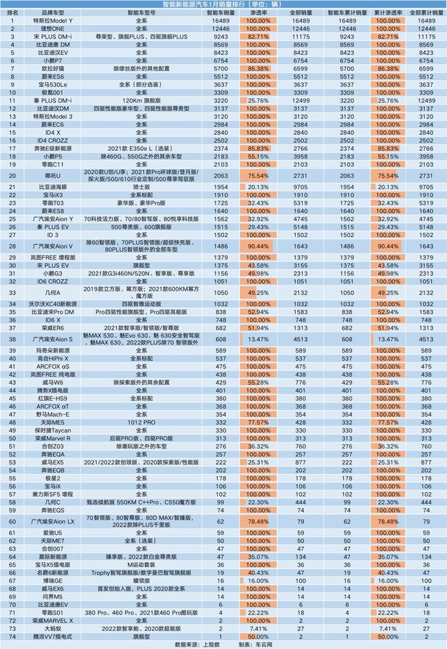 智能汽车品牌销量