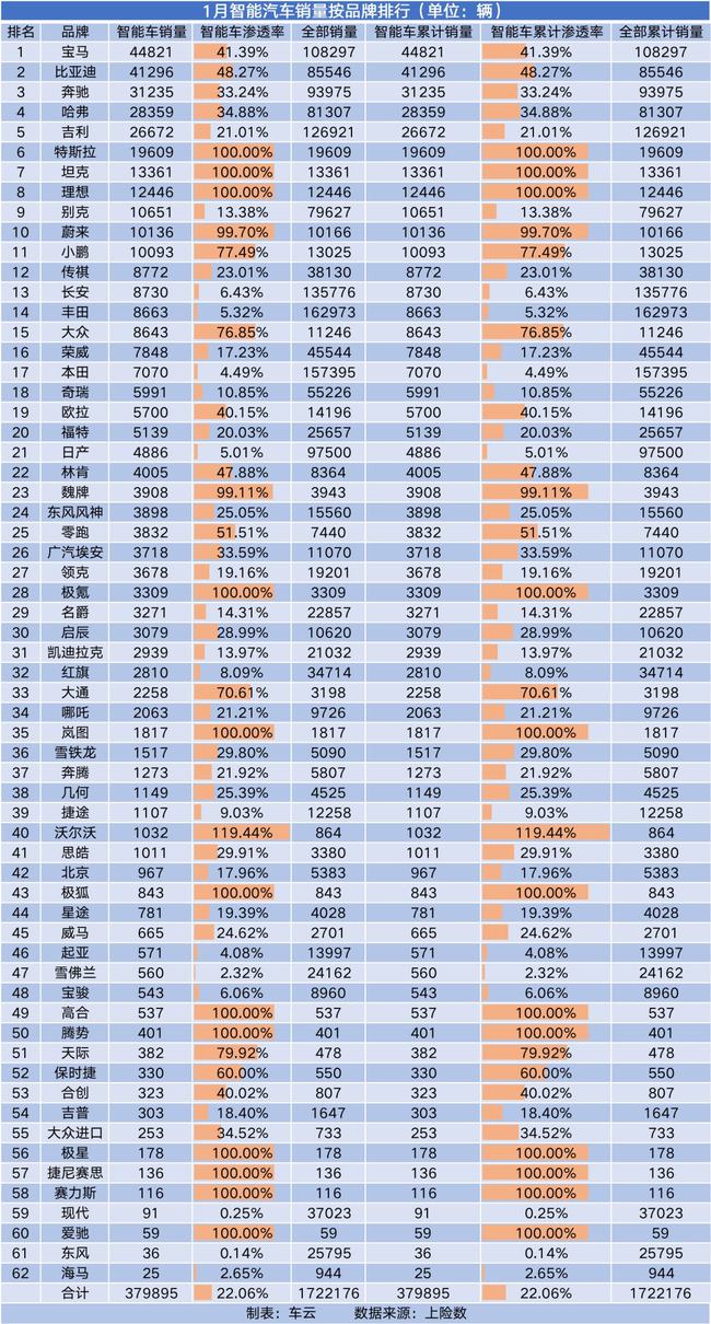 智能汽车品牌销量