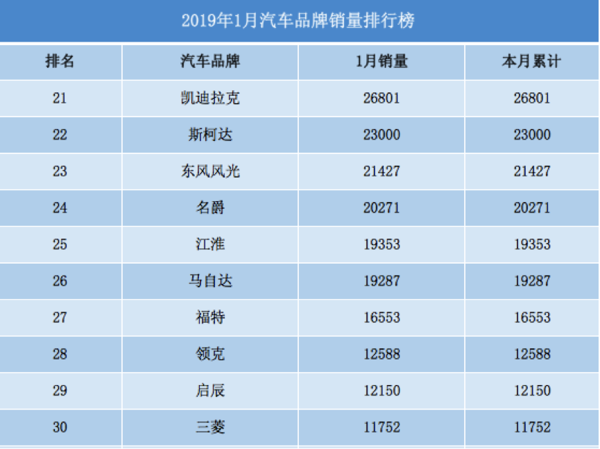 1月汽车品牌概览