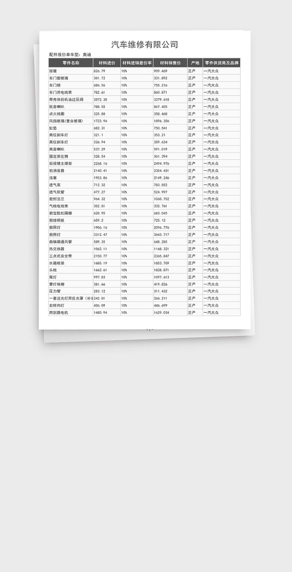 汽车品牌维修报价明细